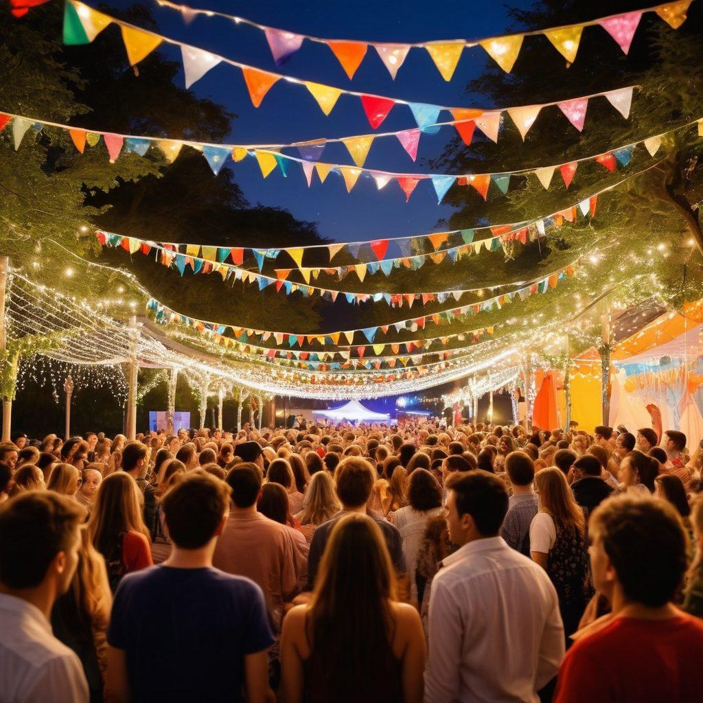 A vibrant community stage set under twinkling fairy lights, showcasing diverse performers engaging with an enthusiastic audience. Capture the joy and connection through laughter and shared moments, with colorful flags and decorations symbolizing unity. Highlight the varied expressions of the crowd, young and old, immersed in the magic of live performances. surreal art style. warm tones. dynamic composition.