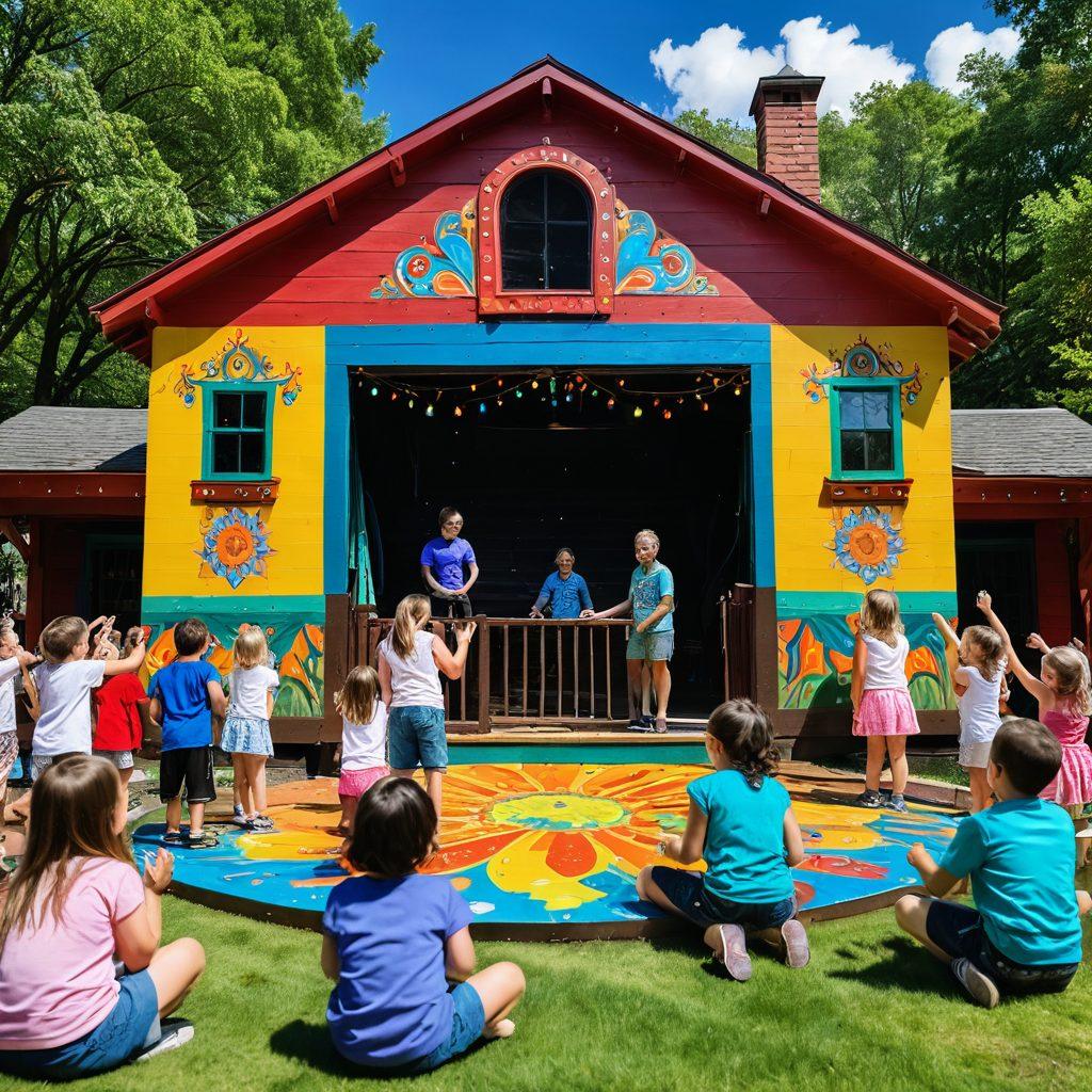 A vibrant scene depicting a diverse group of people engaging in various art forms at the Baker Mountain Playhouse – a colorful mural in the background, a lively theater stage, and hands-on workshops with kids painting and sculpting. Enrich the atmosphere with whimsical decorations and joyful expressions on faces. The setting is surrounded by lush mountains, symbolizing community spirit and creativity. super-realistic. vibrant colors. sunny day.